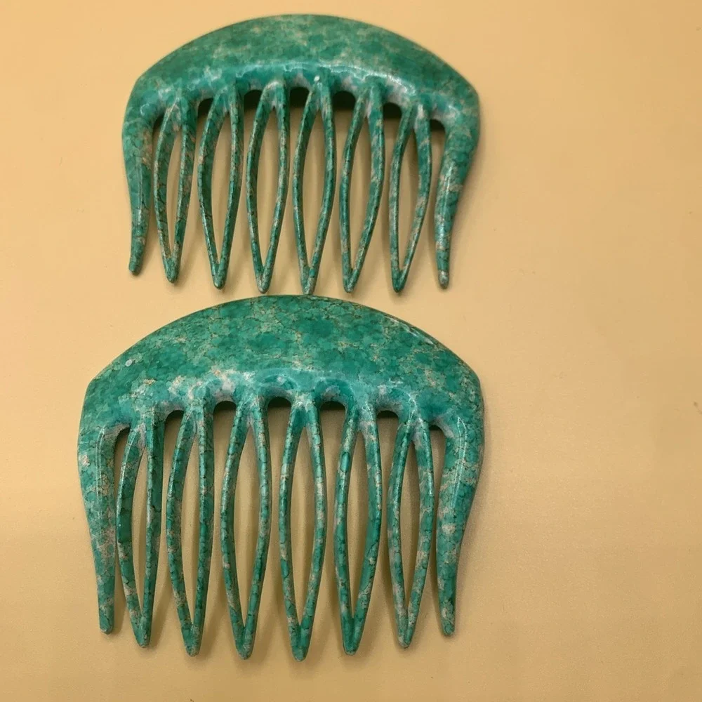 Vintage French Hair Comb Pair Teal  Marbled Multi Tone Style Made In France